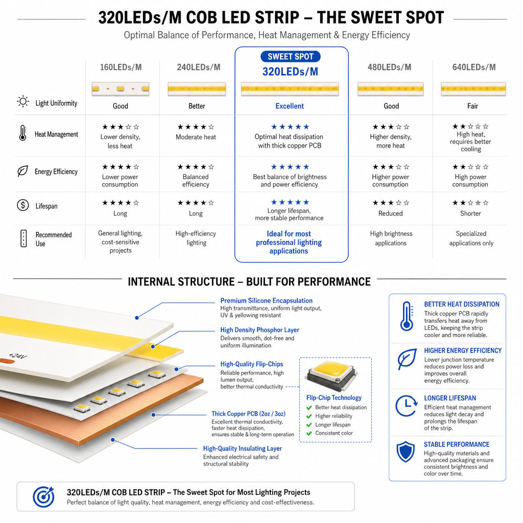COB LED strip LED density comparison 320 384 480 528 LEDs per metre dot-free brightness chart