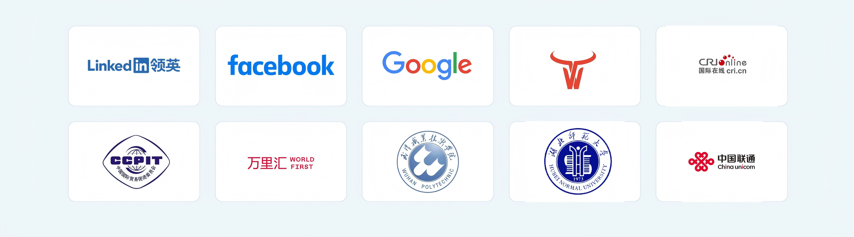 生态合作伙伴-LinkedIn领英/Facebook/Google/万里汇WorldFirst/国际在线CRI/中国贸促会CCPIT/武汉职业技术大学/湖北师范大学/中国联通