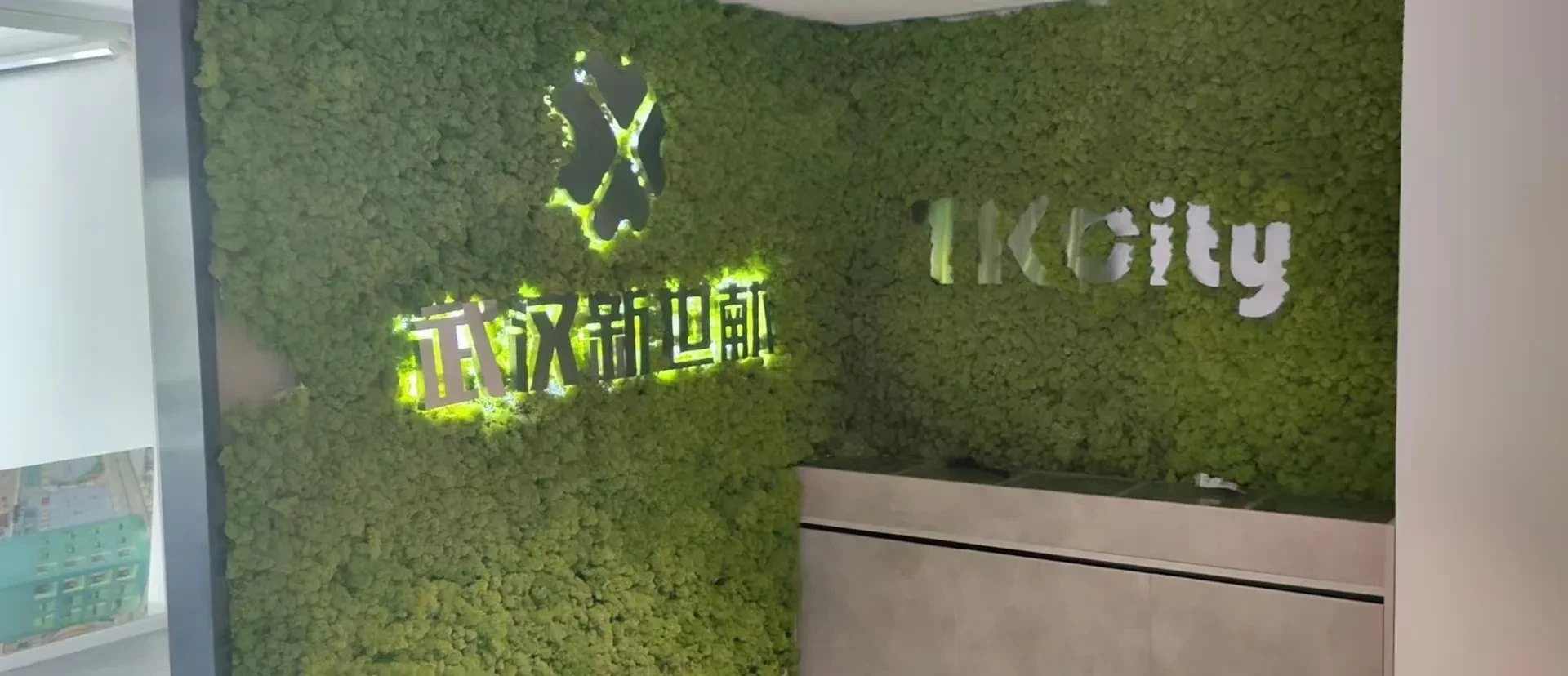 公司前台接待区形象墙与 TKcity 标识