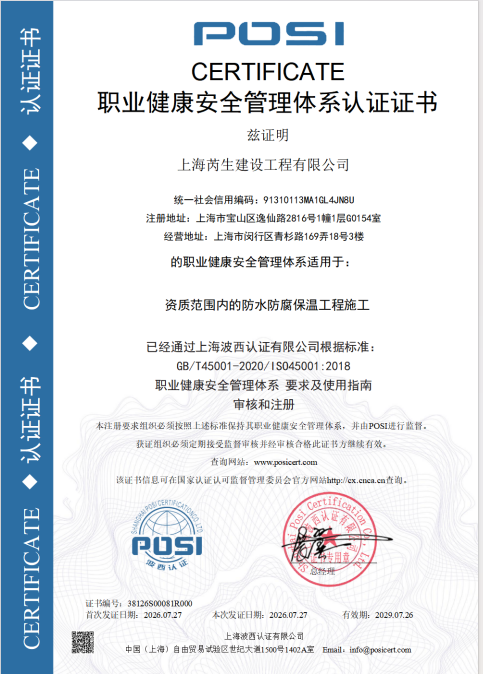 上海芮生ISO职业健康安全管理体系认证证书