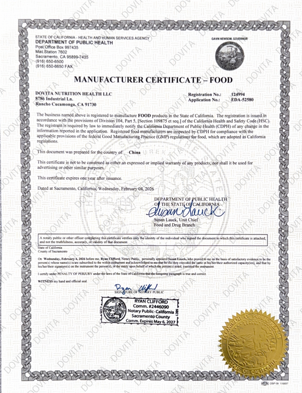Manufacturer Certificate – Food (California)