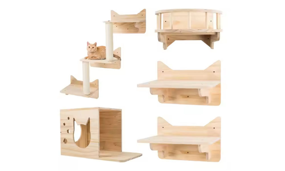 Wooden Wall-Mounted Cat Tree Climbing Shelf
