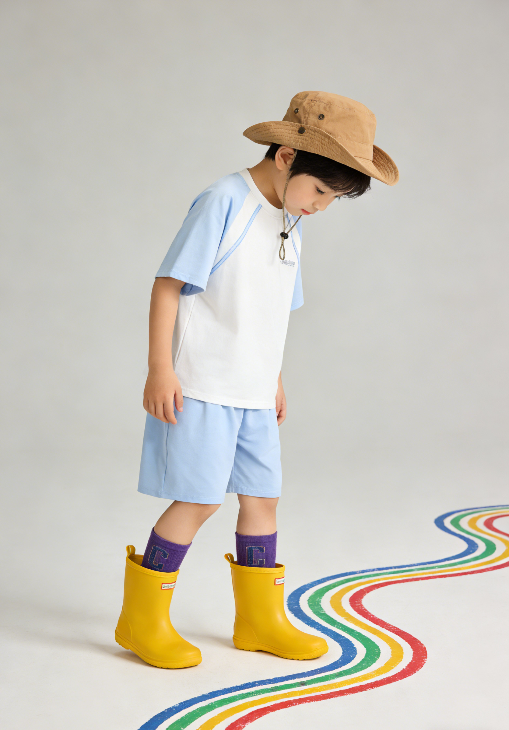 男童蓝白插肩宽松家居服套装