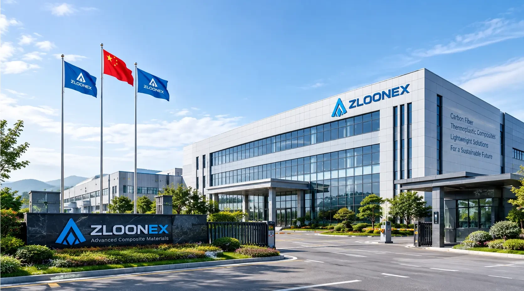 Zloonex manufacturing base exterior with corporate flags and ZLOONEX building signage