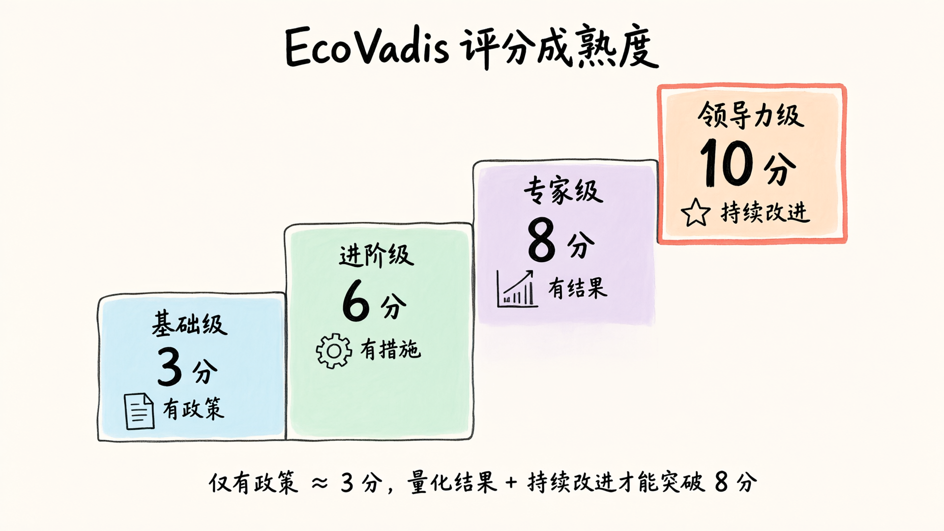 EcoVadis 评分成熟度：基础级 3 分、进阶级 6 分、专家级 8 分、领导力级 10 分