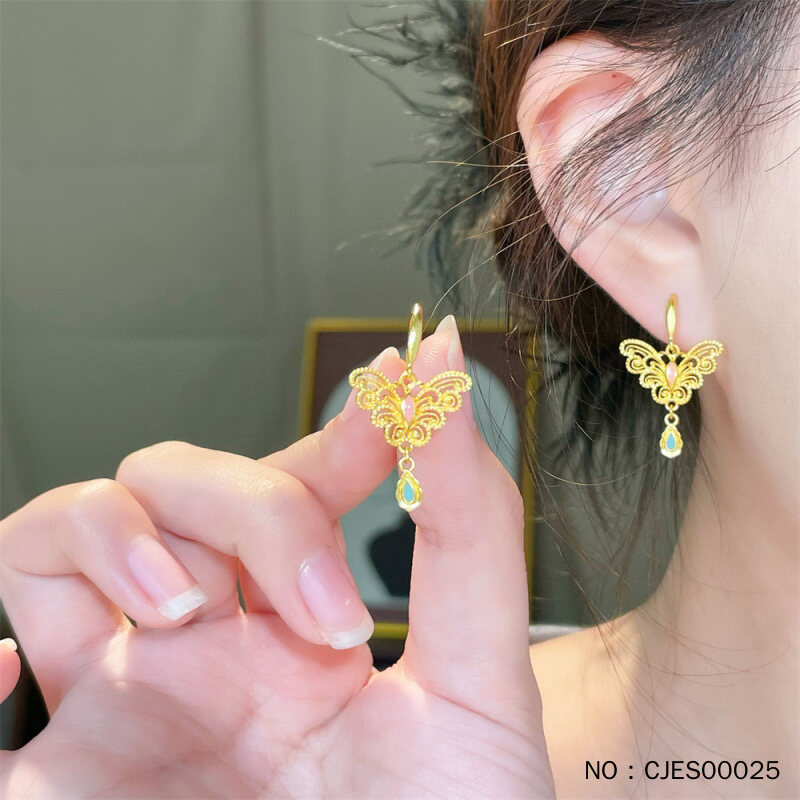 古法空心鎏彩蜜粉花丝蝴蝶耳勾