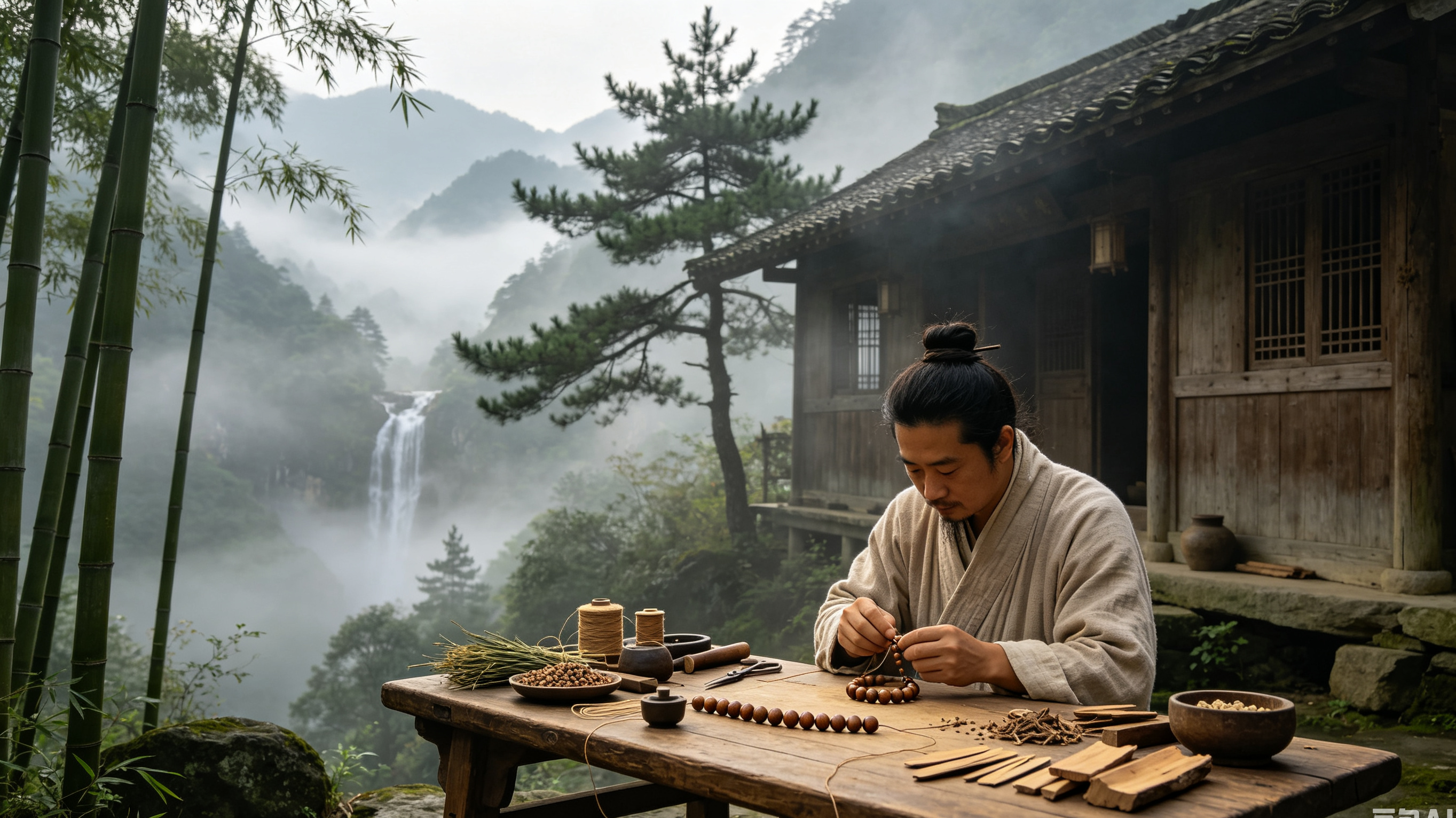 东方草药本美学,深山农舍打磨手串