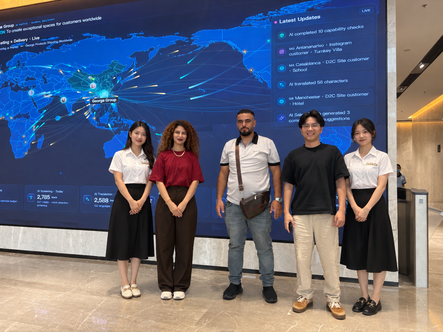 Goldella team and partners standing in front of a global delivery data wall