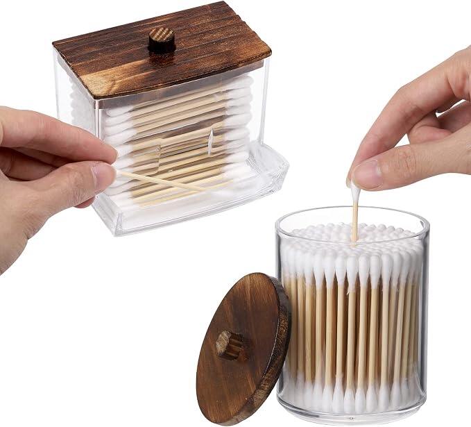 Cotton Swab Holder with Wooden Lid