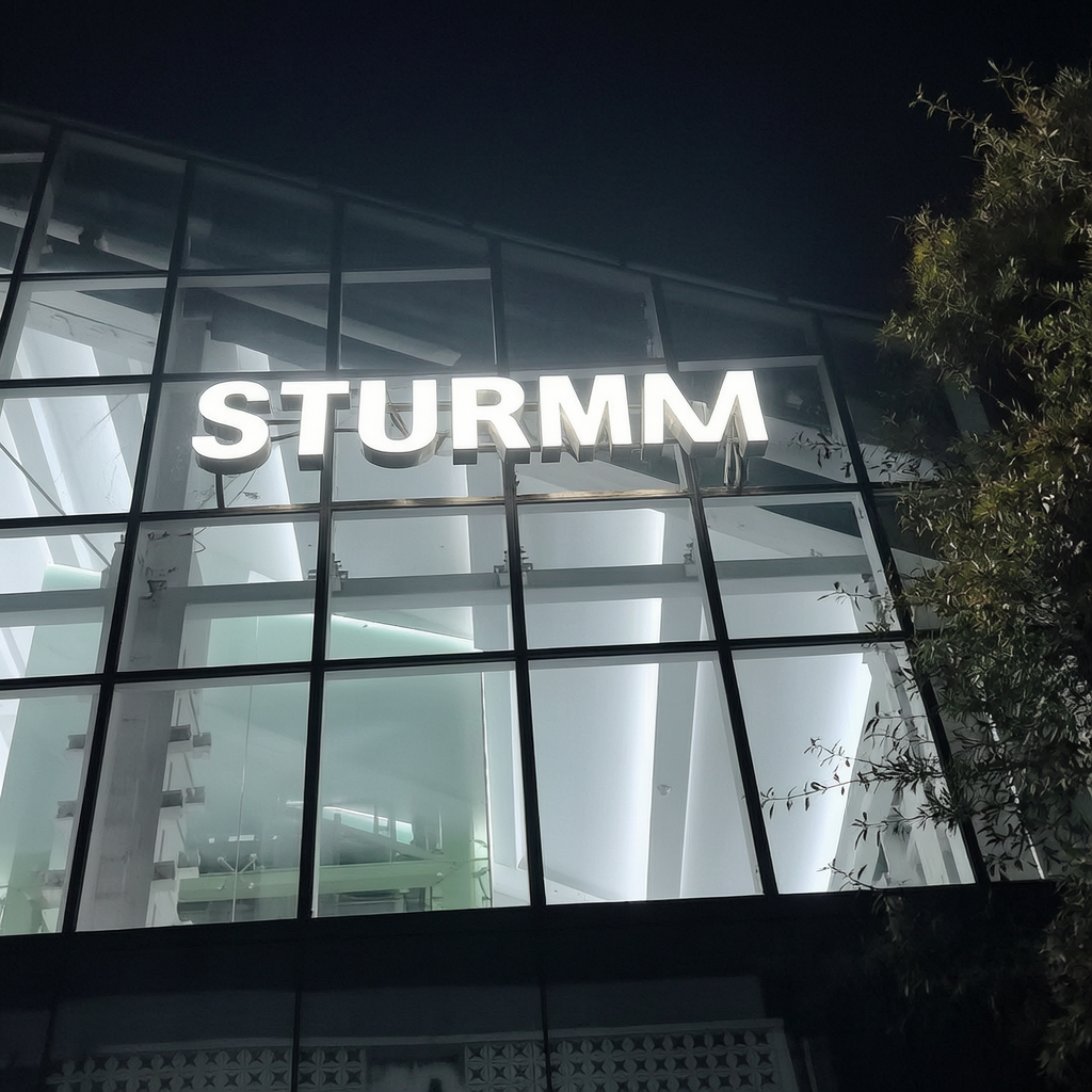 3D Illuminated Channel Letters on modern building facade at night