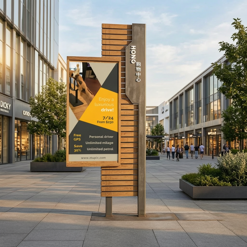 Wooden Slat Advertising Sign Post installed at shopping center entrance plaza