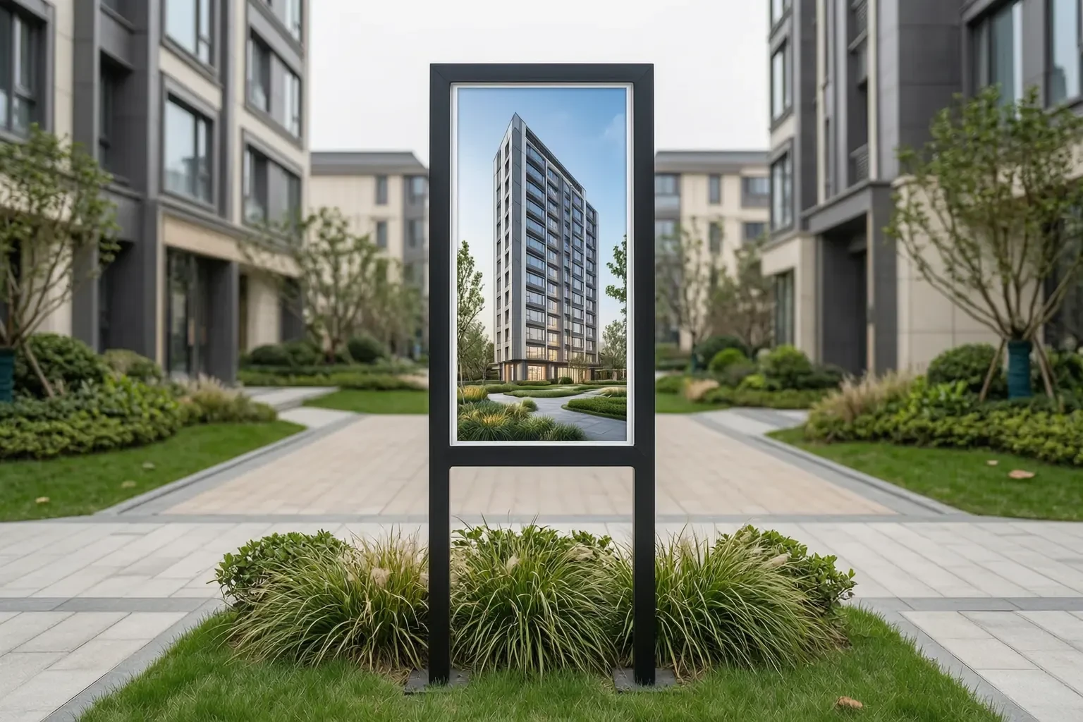Framed Type Illuminated Totem mounted in a landscaped green belt at a residential development entrance
