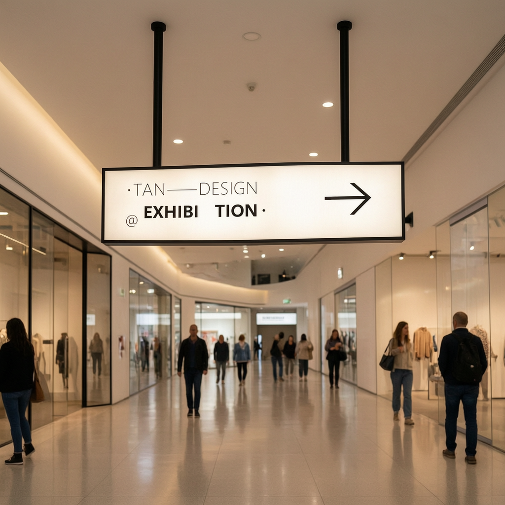Suspended Exhibition Directional Sign installed in modern exhibition hall