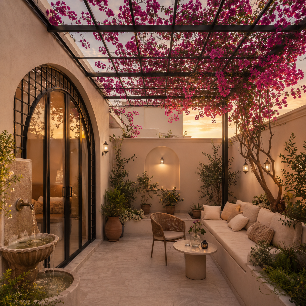 Romantic courtyard with bougainvillea pergola
