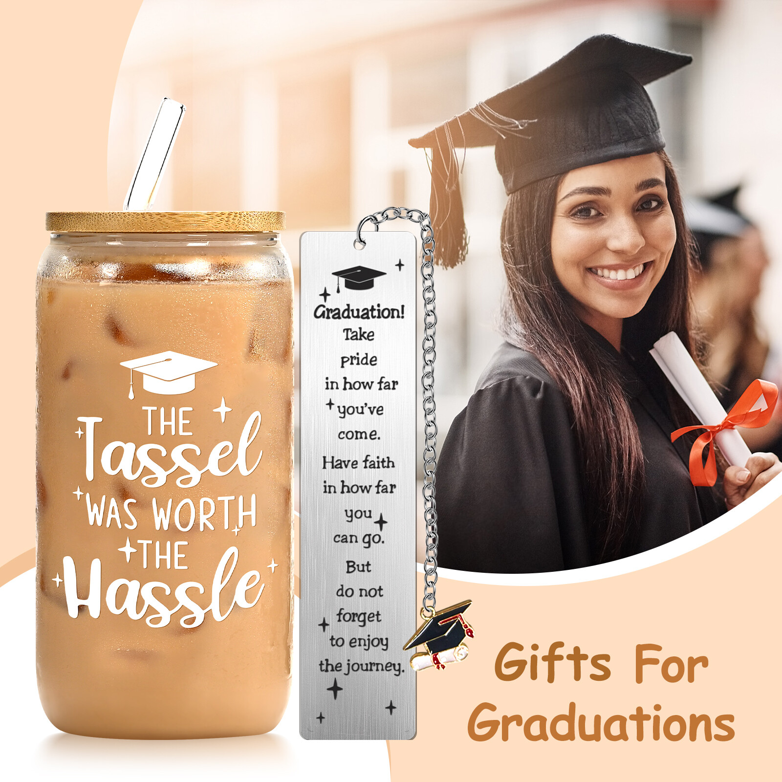 Graduation Gifts 2026-16oz Glass Cup with Bamboo Lid & Bookmark thumbnail 4