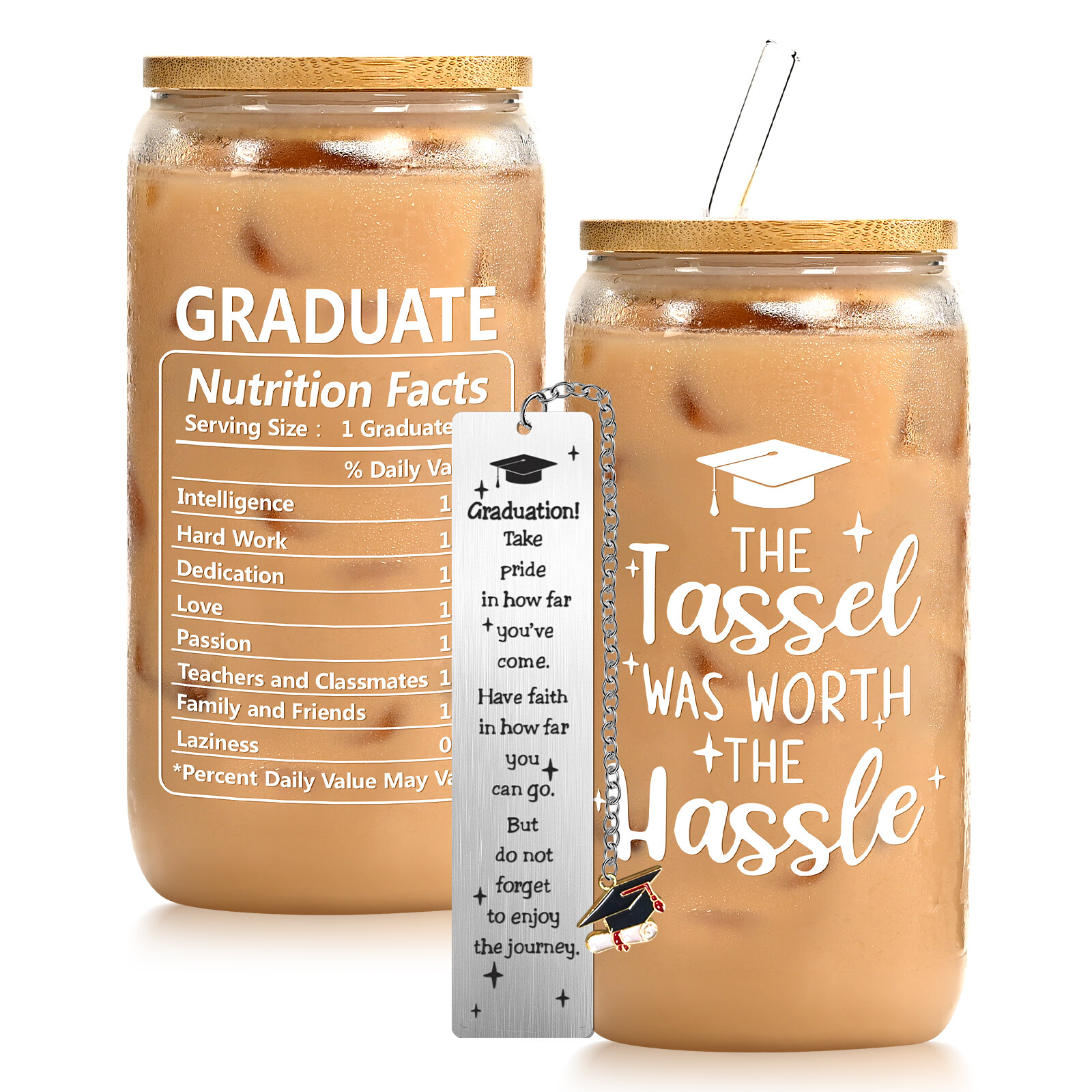 Graduation Gifts 2026-16oz Glass Cup with Bamboo Lid & Bookmark - view 1