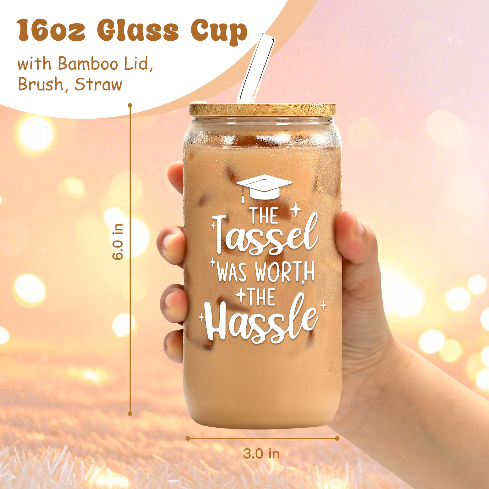 Graduation Gifts 2026-16oz Glass Cup with Bamboo Lid & Bookmark thumbnail 3