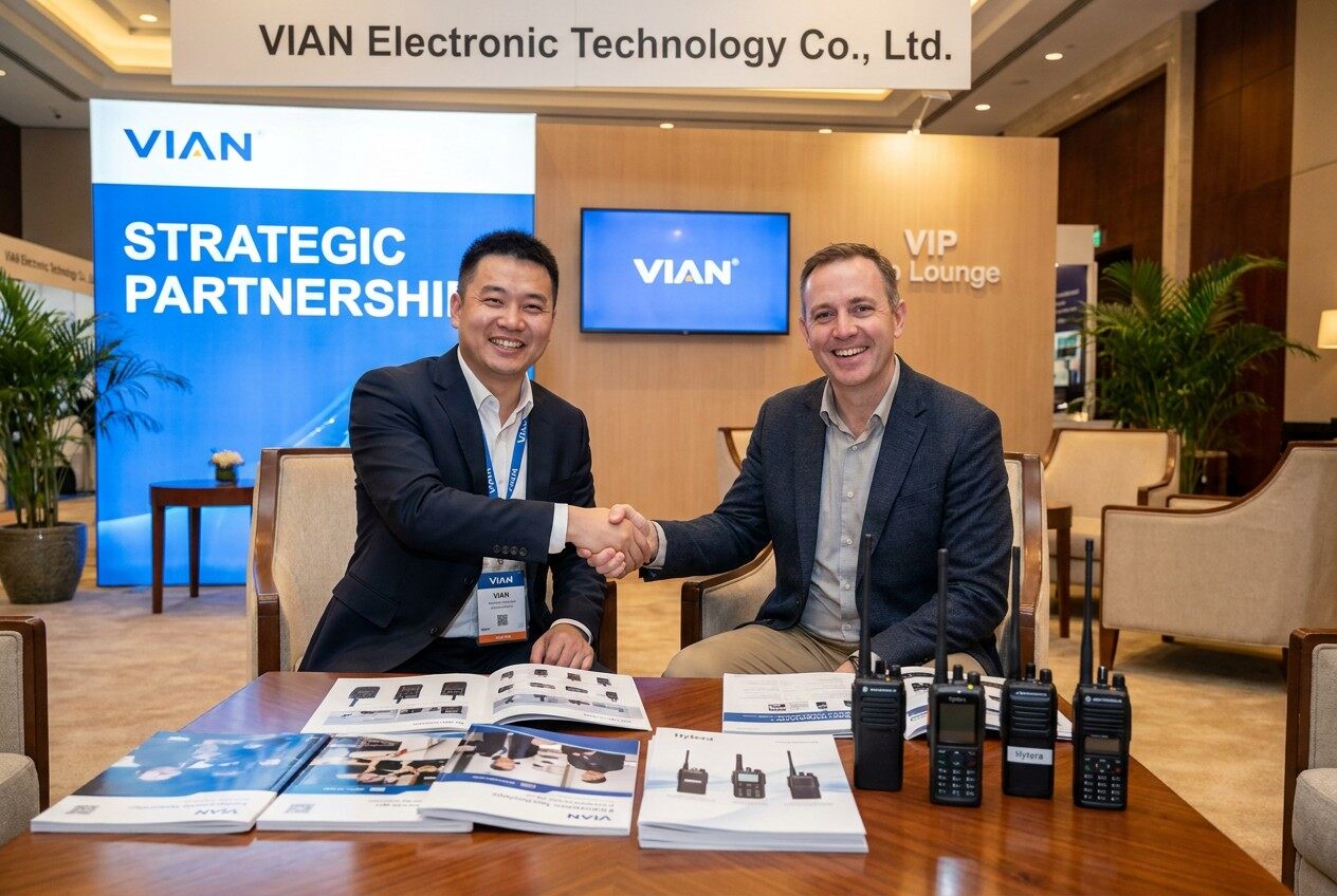 Technical consultant demonstrating wireless communication device to customer