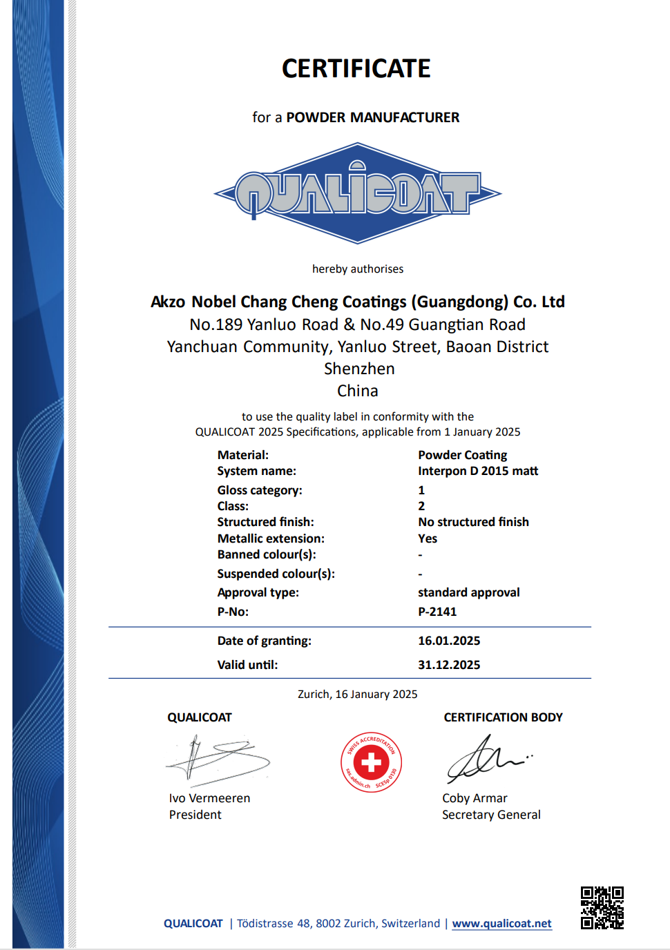 QUALICOAT Certificate