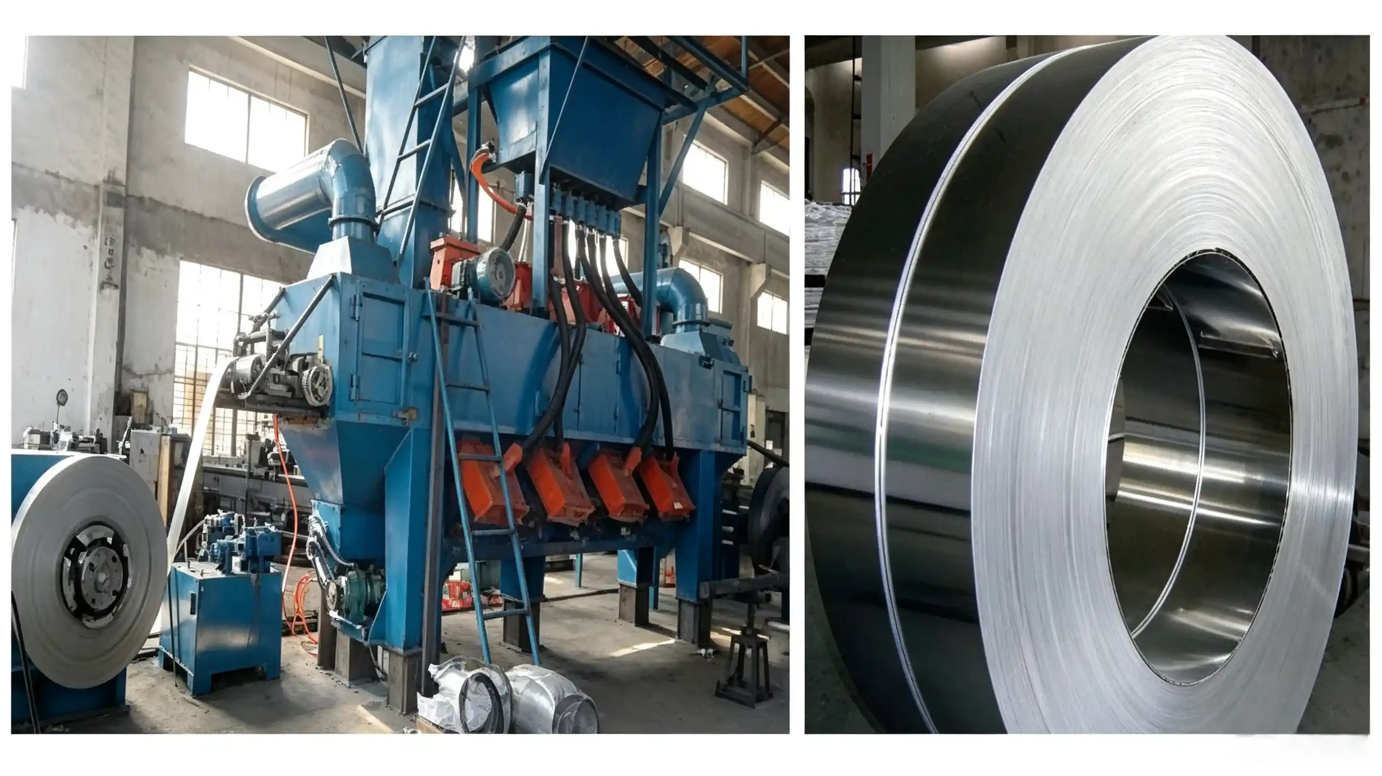Steel Strip Shot Blasting Cleaning Equipment
This through-type fully automatic derusting equipment delivers high-efficiency mechanical rust removal, descaling and surface cleaning for carbon steel strips, stainless steel strips and low-alloy steel strips, and can also be matched with chemical treatment processes.
Workpieces obtain smooth, high-quality surface finishes after descaling. Adjustable shot blasting dosage maintains stable high efficiency for rust and scale elimination, ensuring consistent, uniform surface quality across the entire treated steel strip.
Working Principle
Steel strips are manually uncoiled, clamped and conveyed to the blast wheel station, then rolled continuously through the shot blasting chamber. High-efficiency cantilever centrifugal blast wheels accelerate steel shots at high speed to impact and strip rust, oxide scales and surface contaminants.
Subsequent steel brushing and air suction systems remove residual dust and fines. The overall treatment boosts the strip’s corrosion resistance and fatigue strength, extends service life and optimizes surface conditions for downstream processing. The unit supports standalone operation or multi-unit grouped deployment.