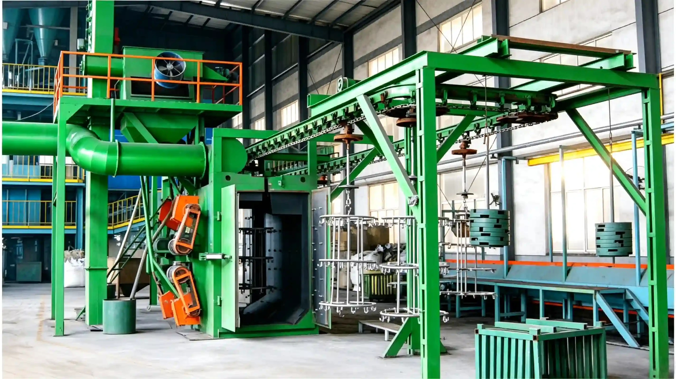 Overhead monorail suspension shot blasting equipment continuous stepping accumulation release working modes