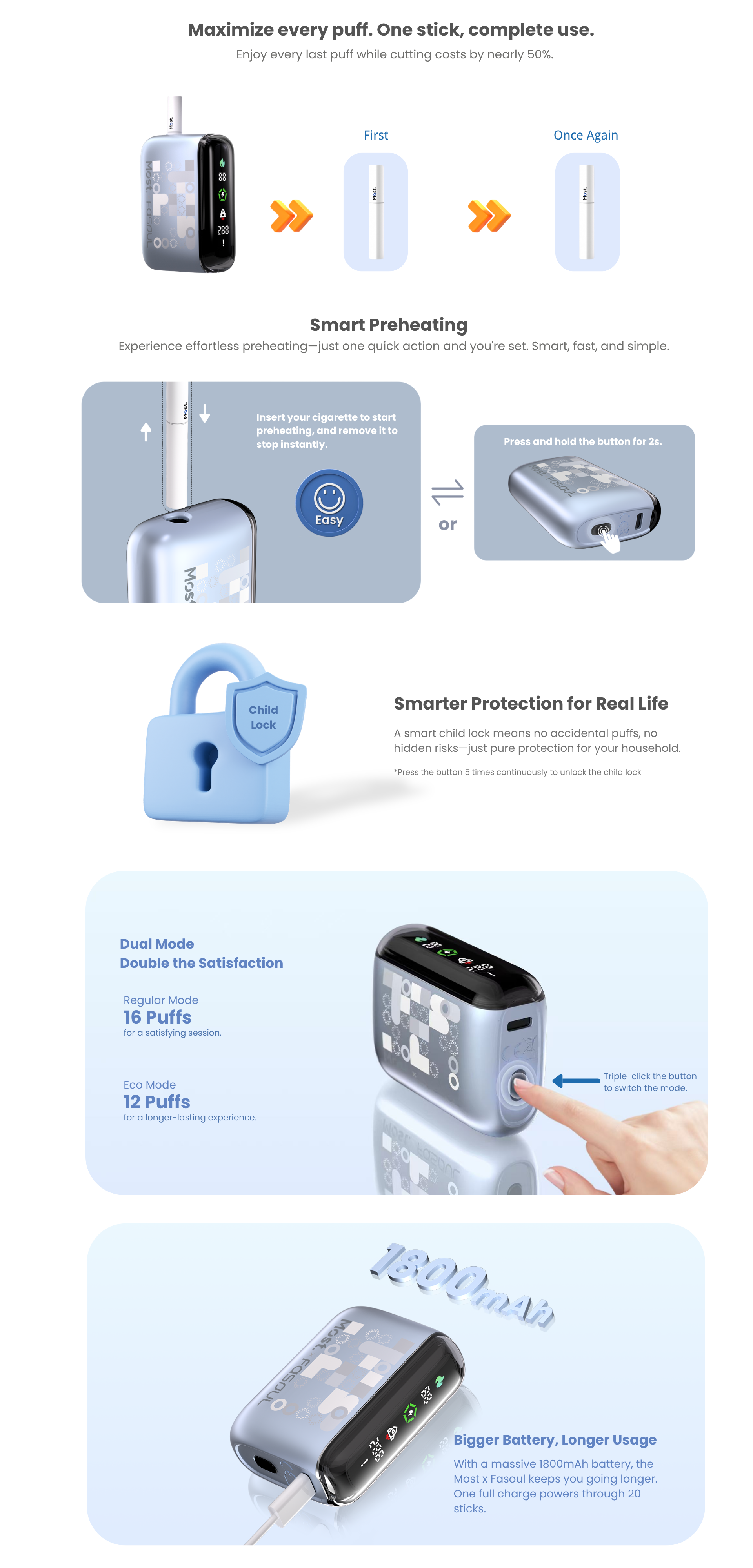 Most x Fasoul Device Features - Smart Preheating, Child Lock, Dual Mode, Battery