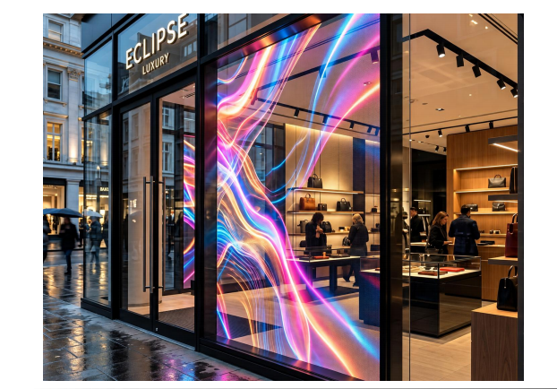 Holographic transparent LED screen showing flowing colorful visuals on a luxury retail glass storefront