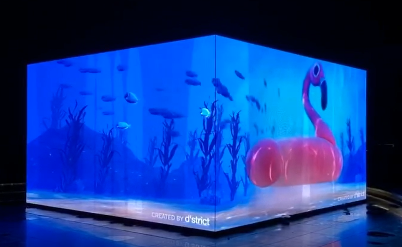 Outdoor fixed LED cube display installed at a square fountain in Korea