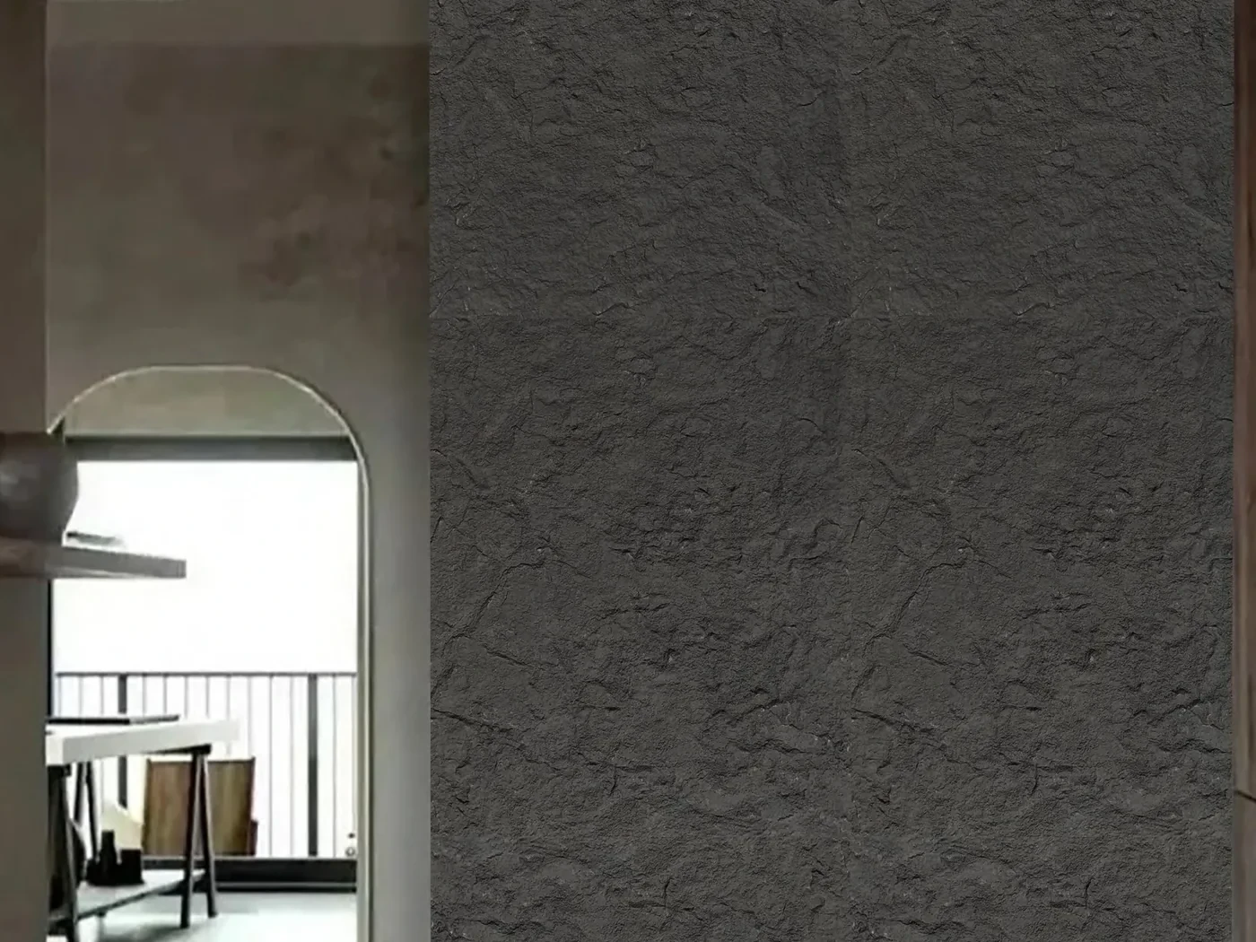 热销纹理系列：柔性石材深灰麻面肌理，应用于室内墙面实景，左侧拱形门洞衔接现代简约空间
