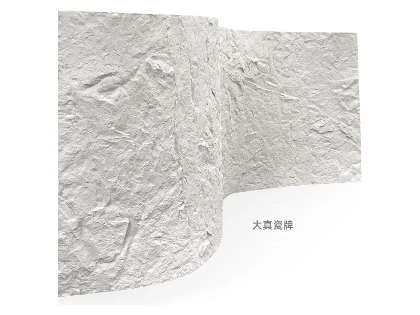 工程系列（3000mm 大板）：仿天然洞石肌理的柔性石材，浅灰白色调，样板色卡，呈可弯曲特性与真实质感