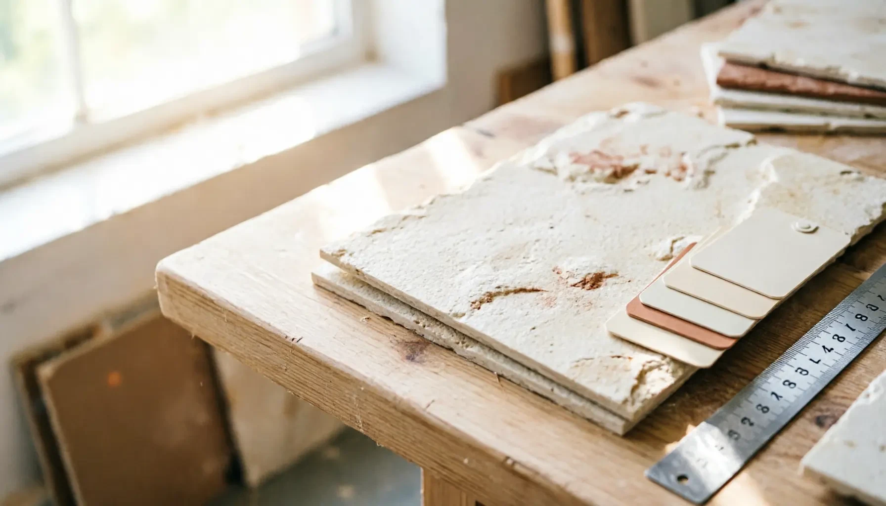 Real photos of flexible stone samples and color cards laid out on the workshop workbench