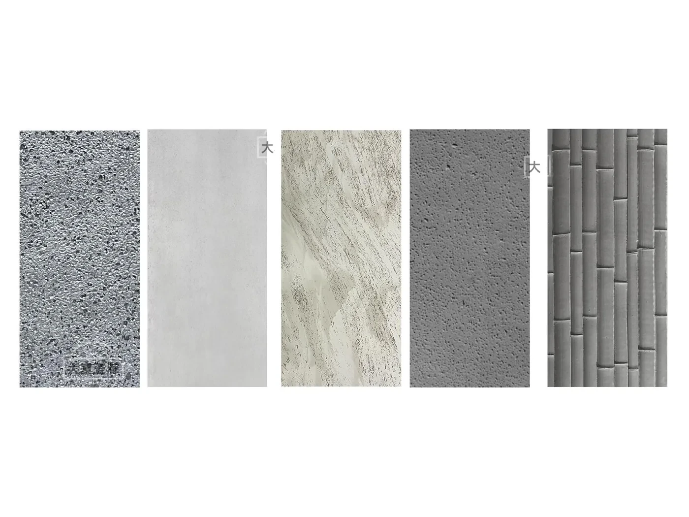 工程系列（3000mm 大板）：颗粒质感灰白混色、素雅浅灰、米白流纹、深灰麻面及竹节浮雕五款饰面，样板色卡横向排列