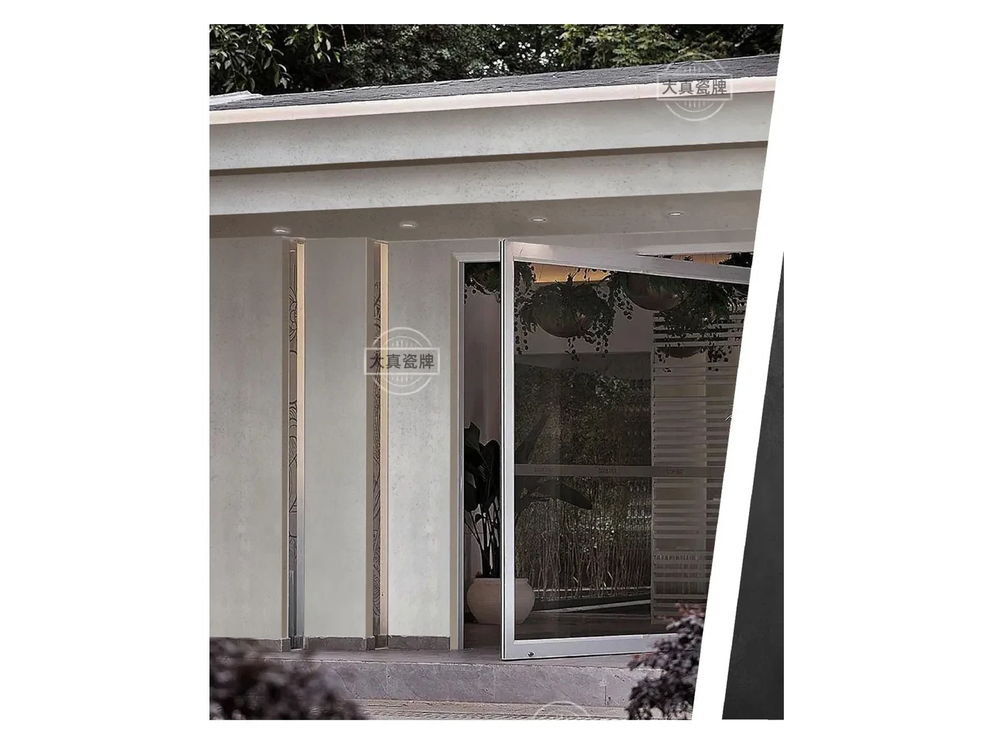 工程系列（3000mm 大板）：仿洞石肌理柔性石材，浅灰米色调用于外墙立面与室内墙面过渡区域的实景应用