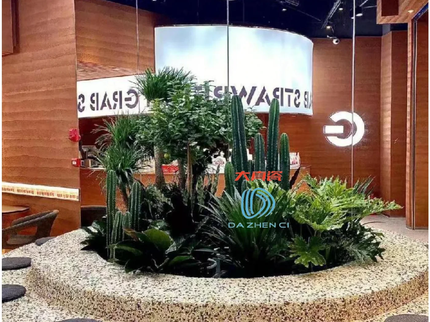 软瓷夯土系列：仿夯土肌理柔性石材，浅褐灰调，用于商业空间门店的地面铺装与背景墙一体化设计