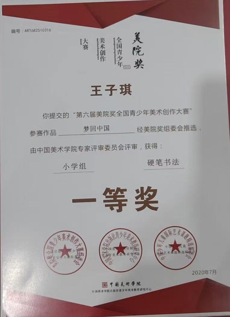 王子琪获奖证书
