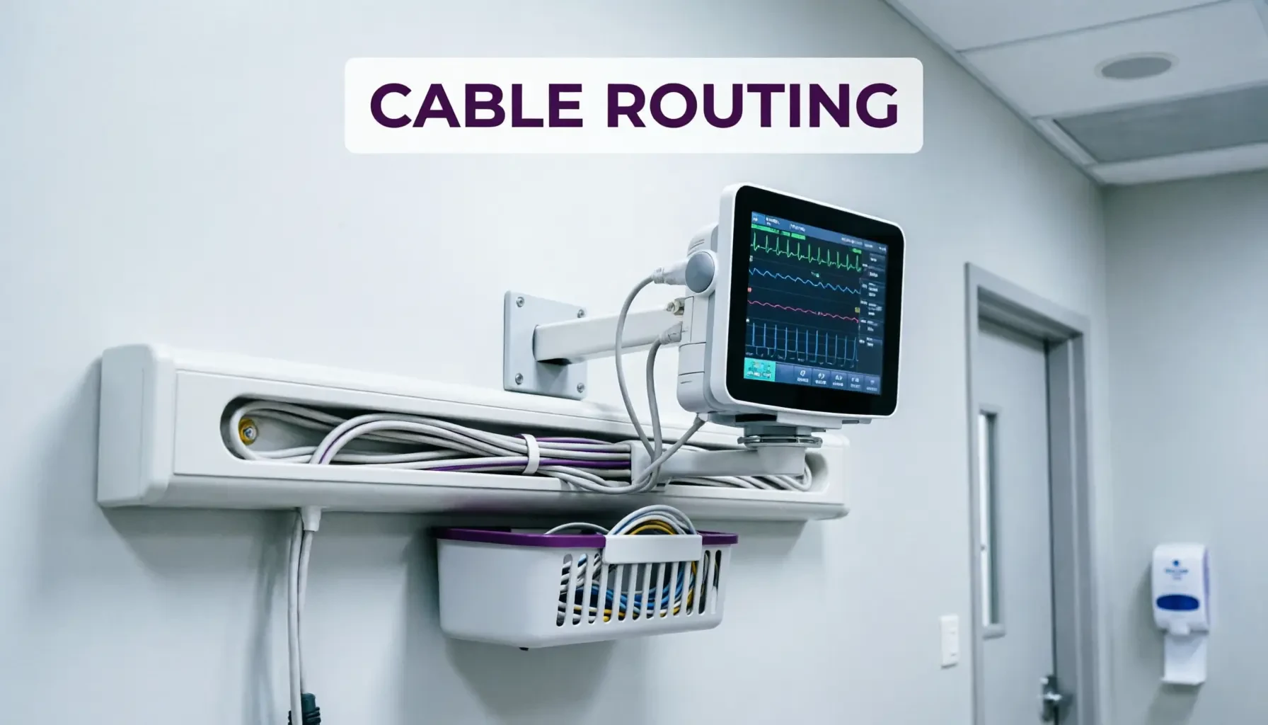 Wall-mounted patient monitor bracket with neatly routed cables — clinical cable management and fixation