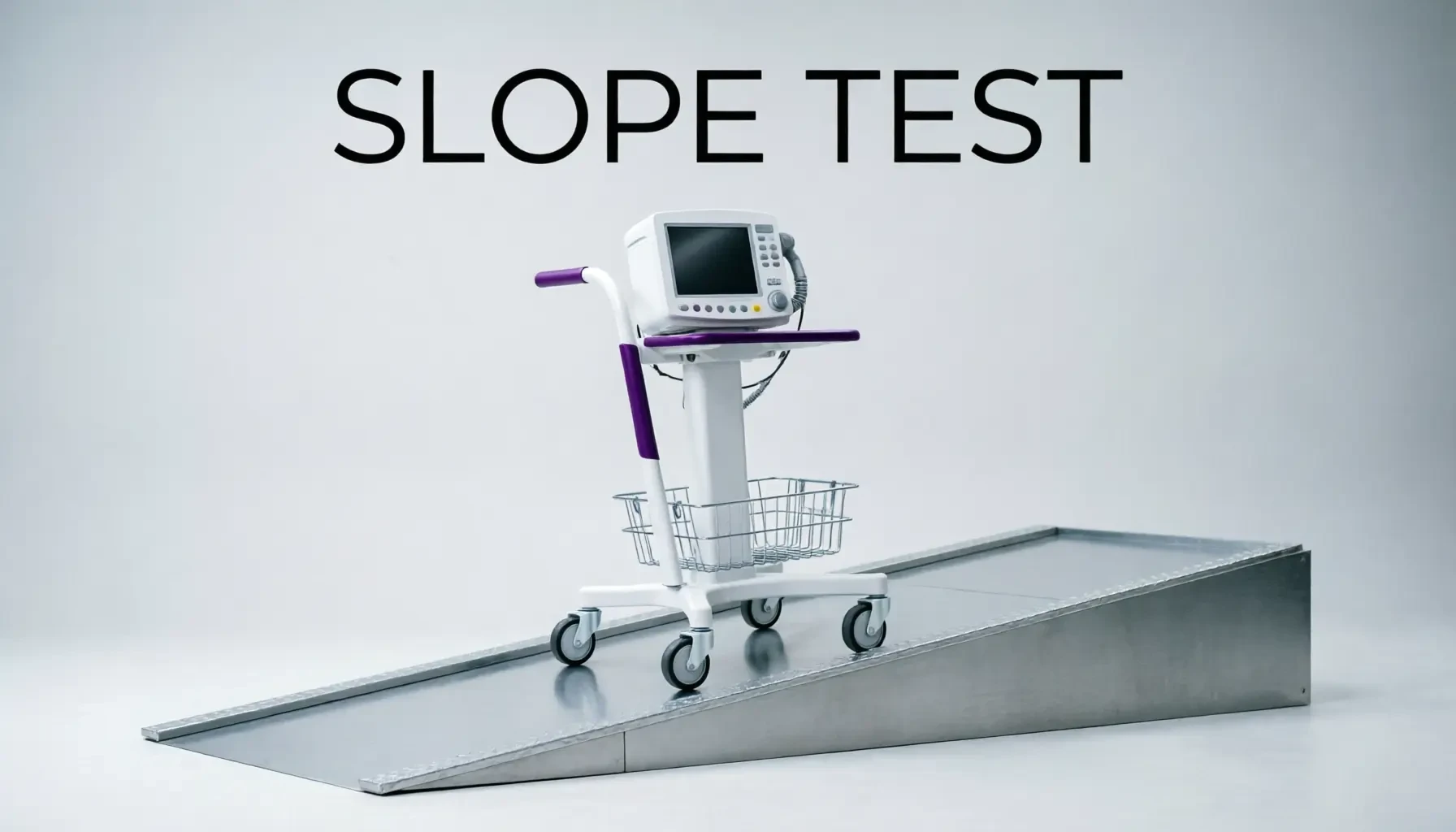 Monitor cart standing on an inclined test ramp during the slope test — YSCMED reliability testing