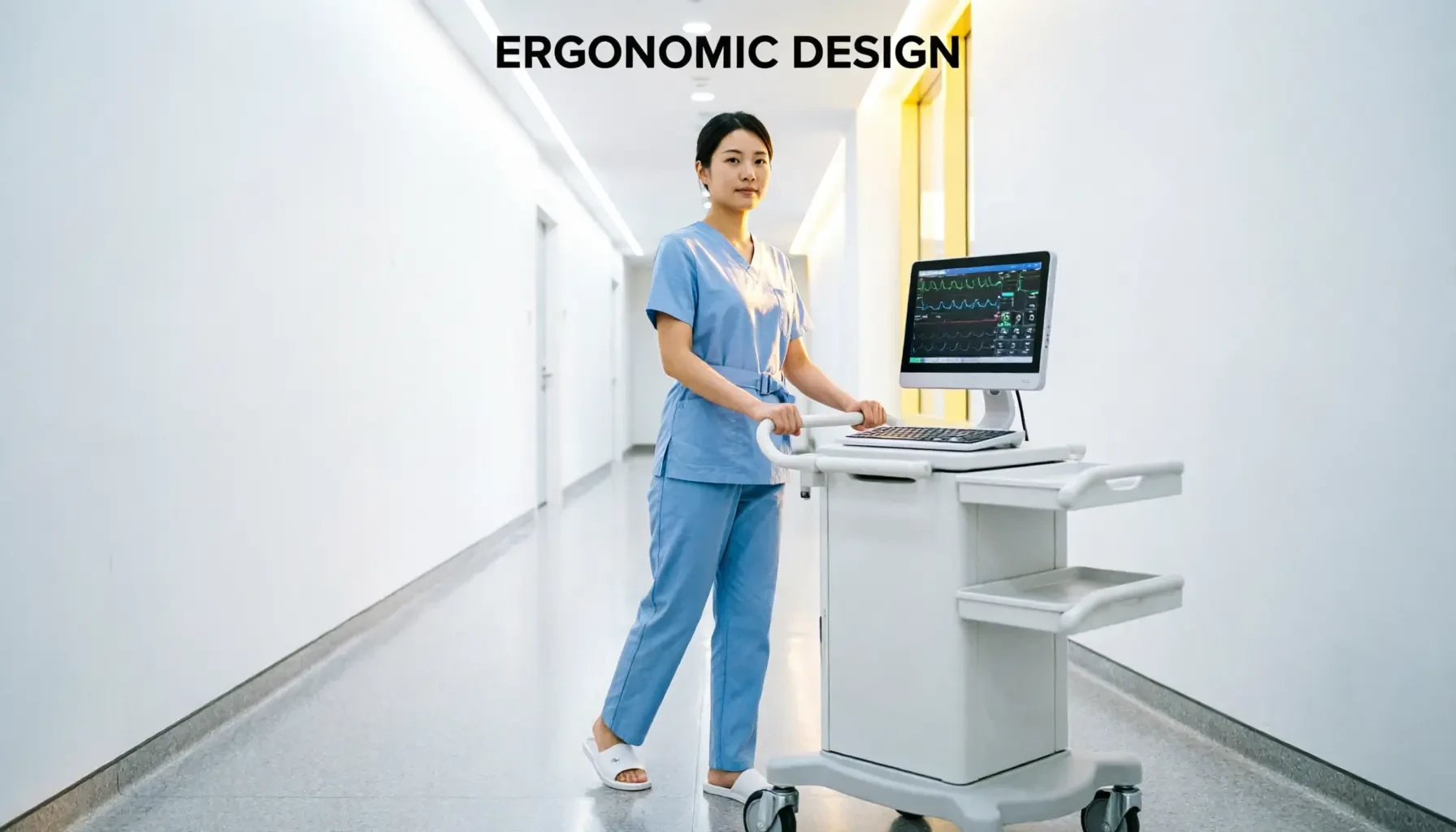 Nurse pushing a mobile monitor cart with an upright comfortable posture — ergonomic handle and height design