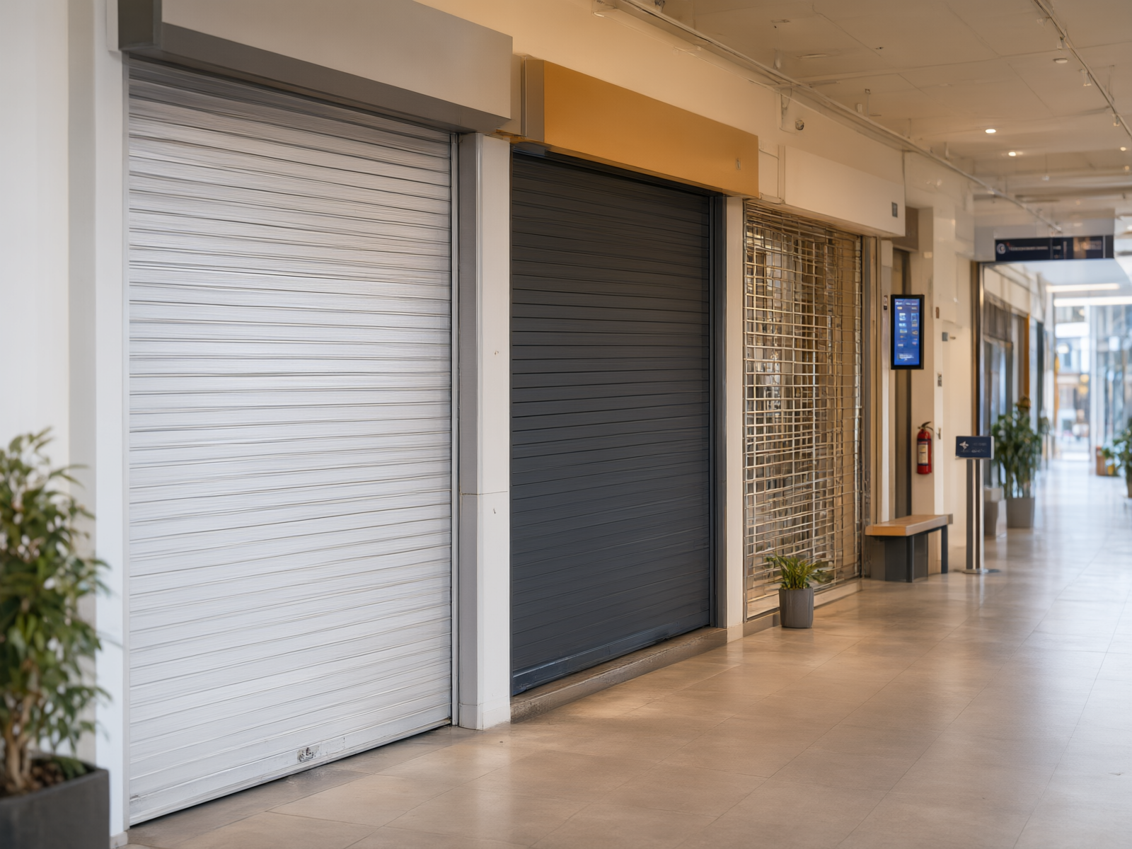 现代商业中心内不同颜色和材质的卷帘门展示