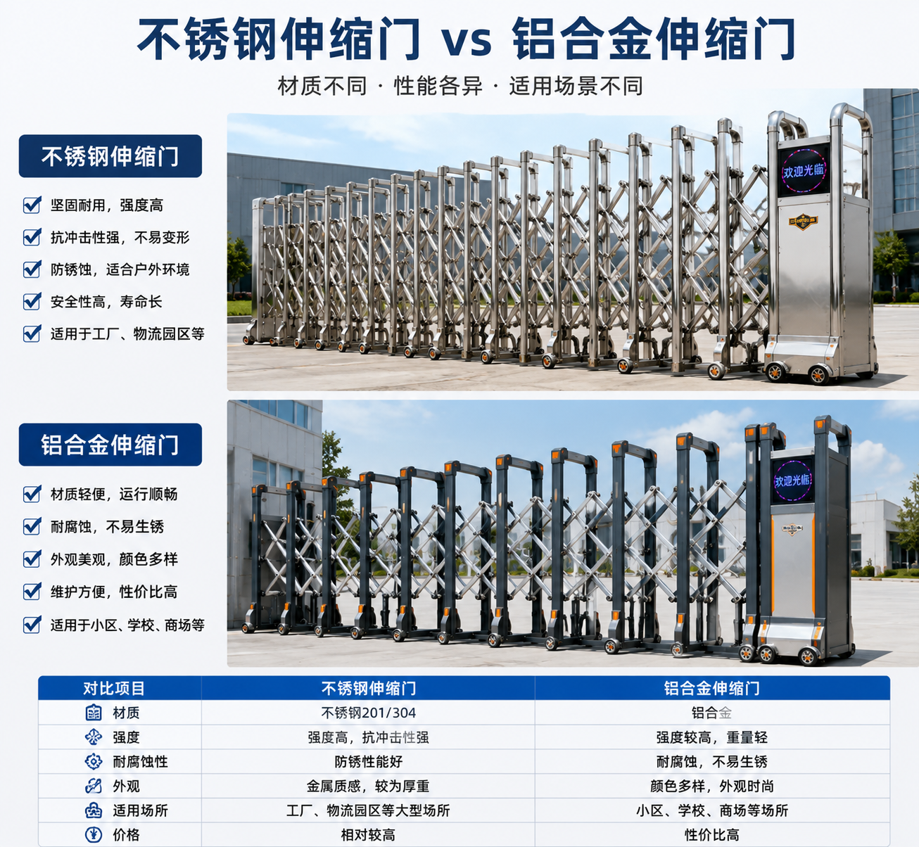 不锈钢伸缩门和铝合金伸缩门区别