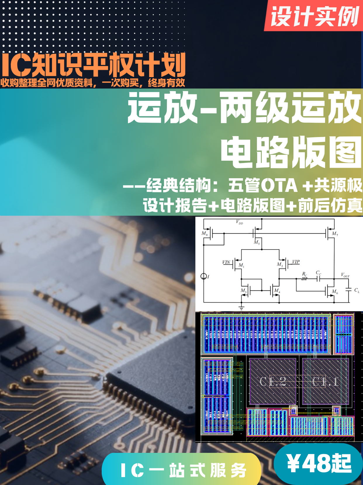 【设计实例】运放-两级运放电路版图
——经典结构：五管OTA +共源极-设计报告+电路版图+前后仿真