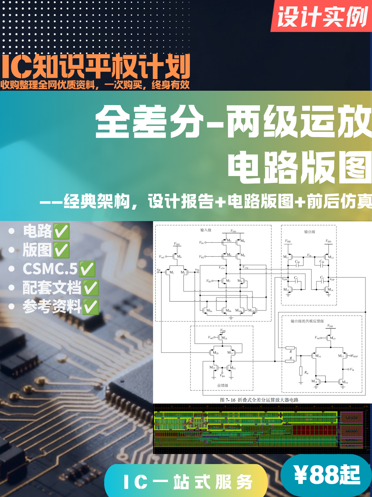 【设计实例】全差分-两级运放-电路版图+配套文档