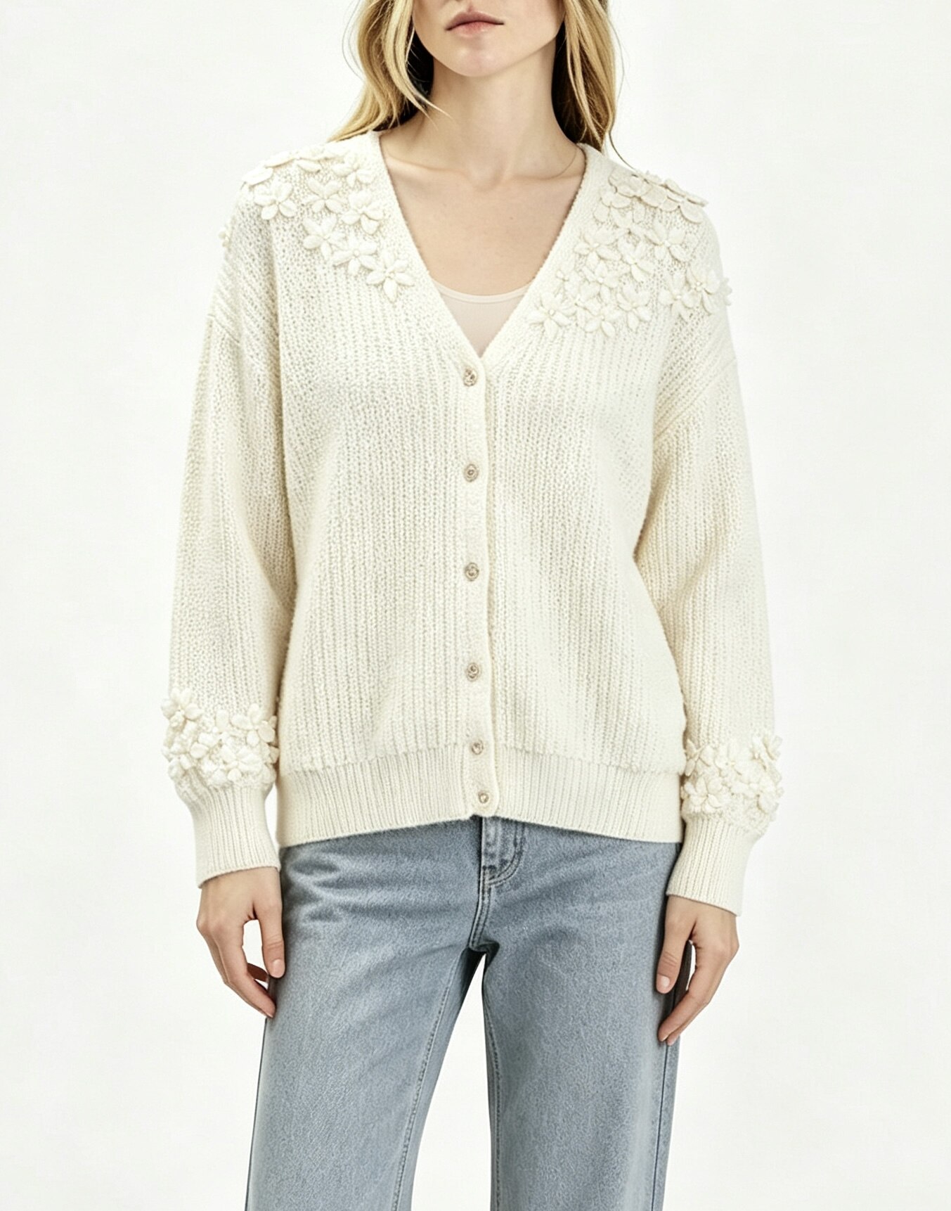Floral Appliqué V-Neck Cardigan
