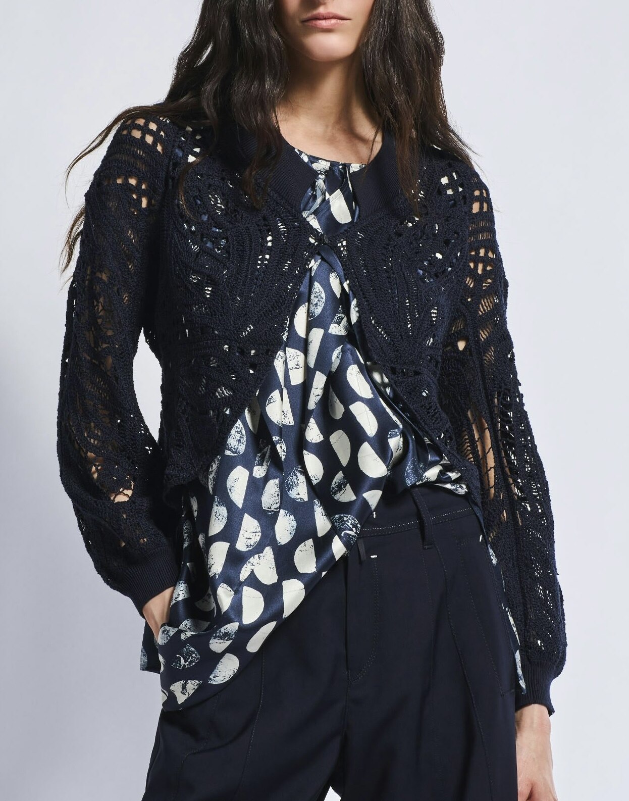 Openwork Crochet Bomber