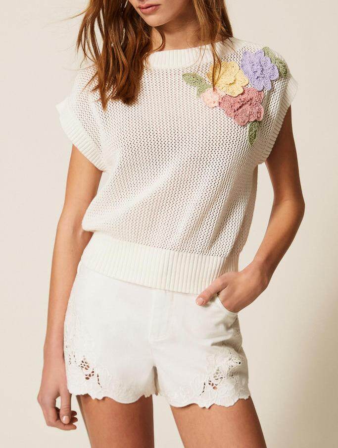 Floral Appliqué Mesh Top