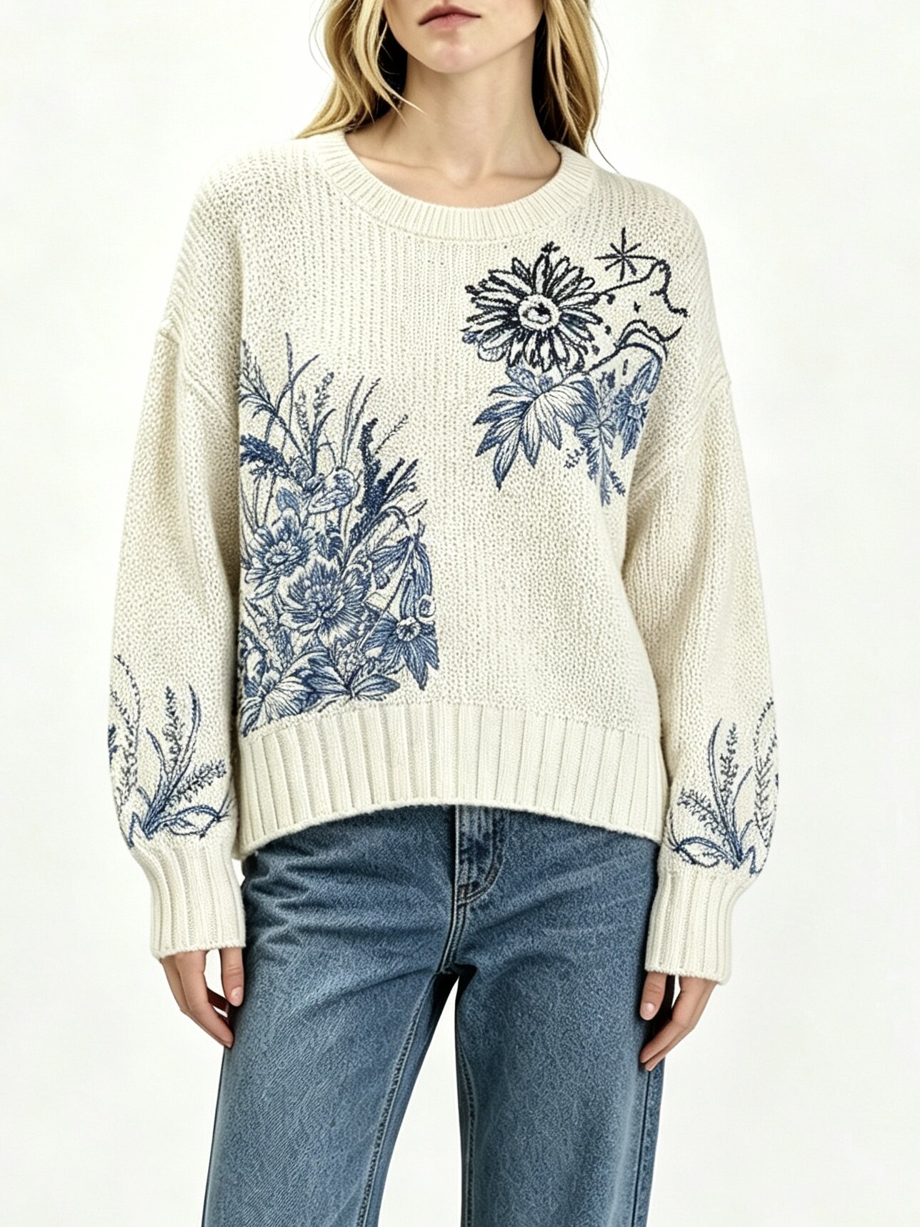 Botanical Embroidered Oversized Sweater