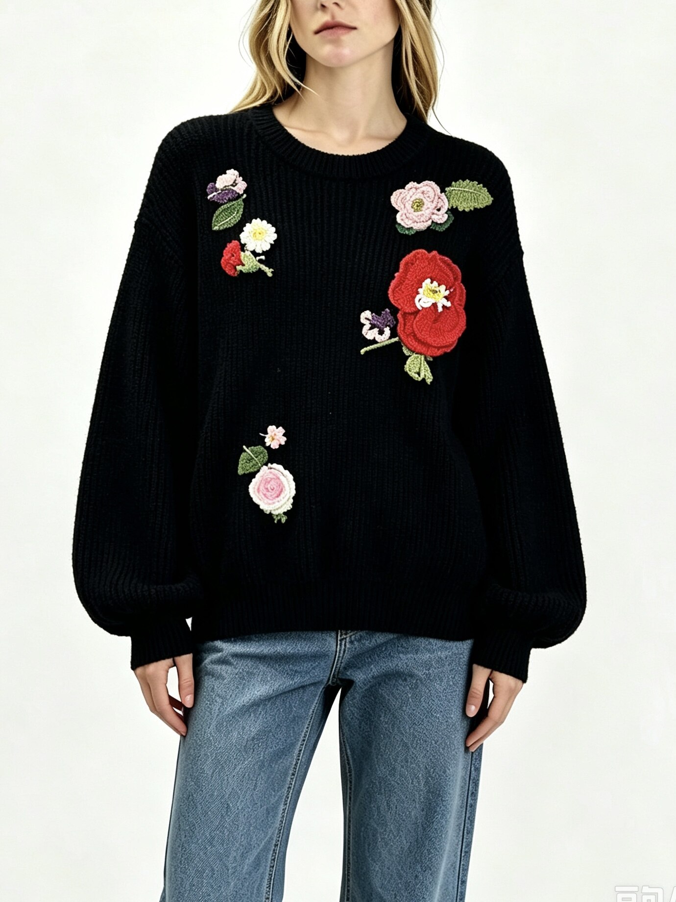 Floral Appliqué Pullover Sweater