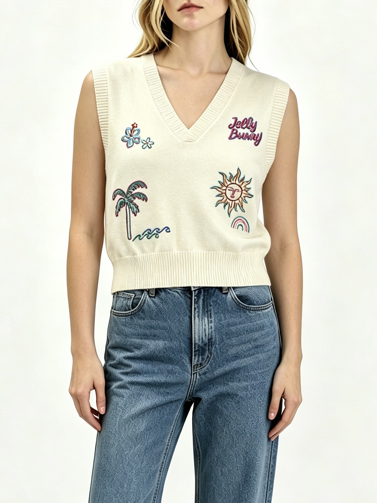 Tropical Embroidered V-Neck Vest