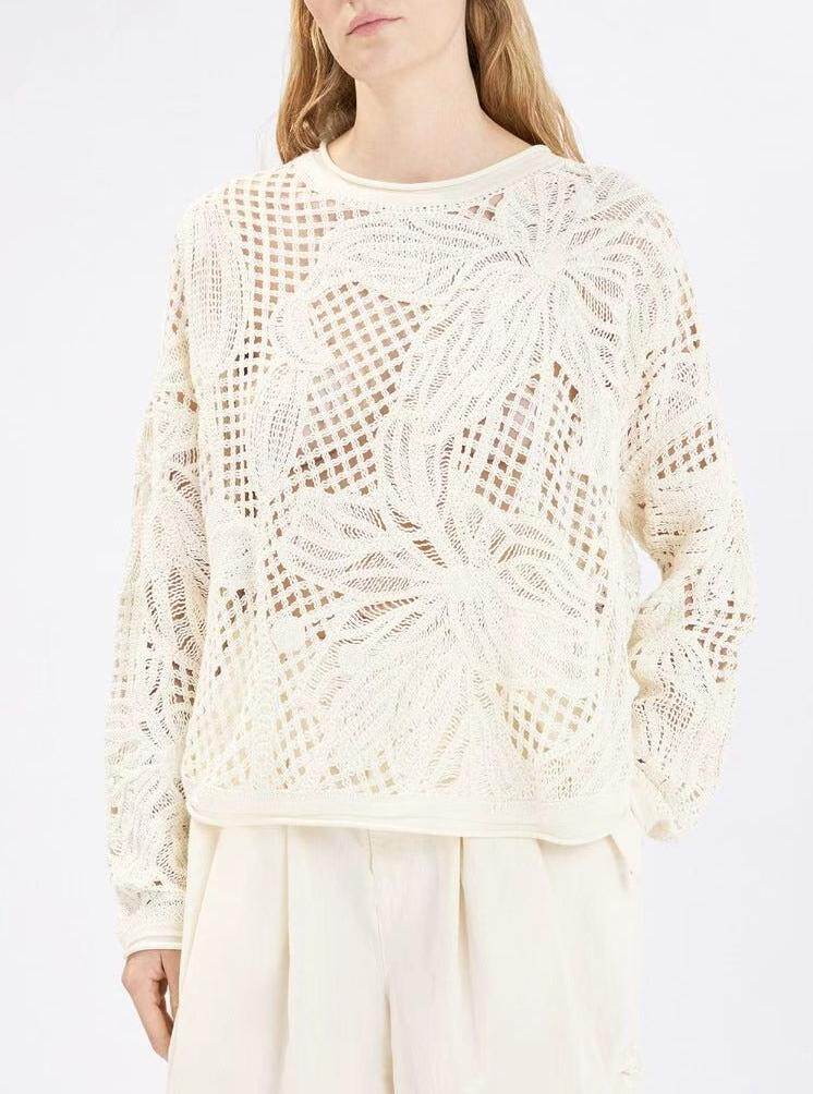 Openwork Floral Crochet Sweater
