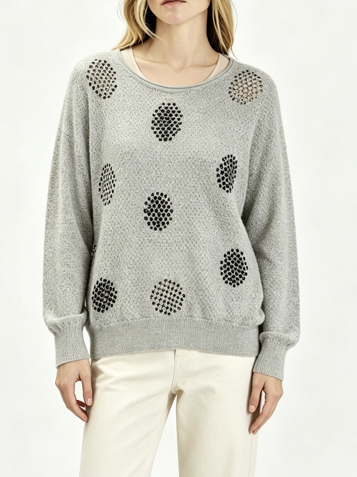 Beaded Dot Cutout Sweater